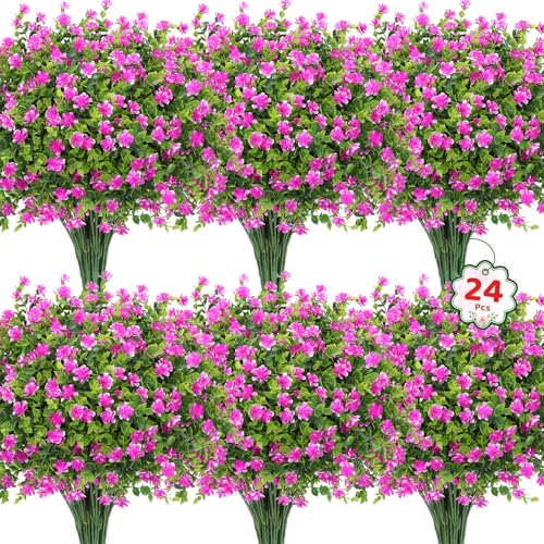Roberly 24 Bundles Artificial Flowers for Outdoors, UV Resistant Eucalyptus Fake Flowers Shrubs Greenery Plastic Plants for Garden Porch Window Box Farmhouse Indoor Home Decor, Fuchsia - color: Fuchsia