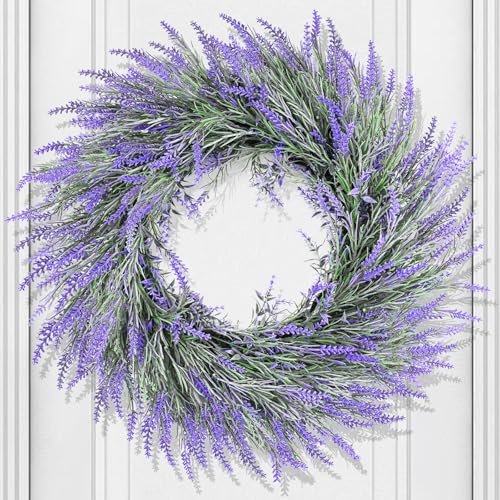 HUZIYAHAN Spring Summer Lavender Door Wreath 24Inch Front Door Wreath All Seasons Wreaths Purple Artificial Lavender Wreaths for Outdoor Outside Indoor Window Home Rustic Farmhouse Decorations - size: 24 inches