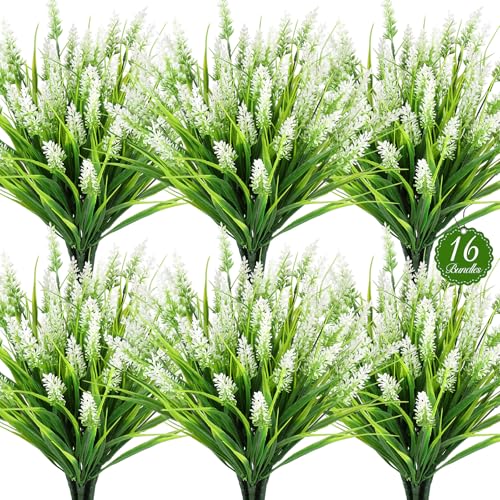 16 Bundles Artificial Plants Outdoor, UV Resistant Fake Lavender & Monkey Grass, Realistic Plastic Faux Plants for Balcony, Patio, Porch Greenery Decor, Planter Filler(White) - color: White-2, size: 16PCS