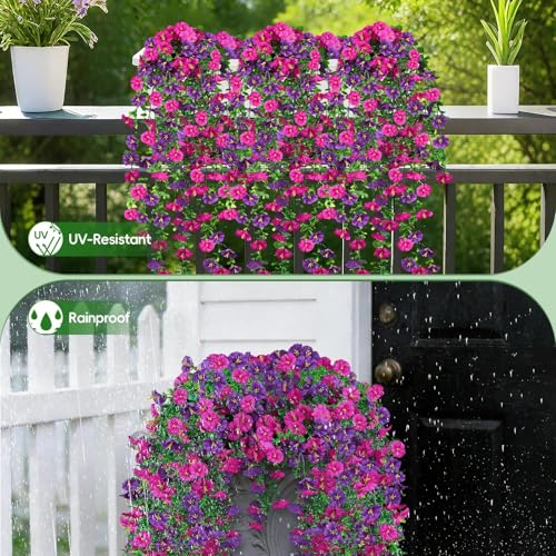 Artificial Hanging Flowers for Outdoors, 4Pcs UV Resistant Artificial Hanging Morning Glory Flowers, Spring Realistic Faux Outdoor Flower for Porch Patio Yard Garden Farmhouse Decor (Purple+Fuchsia) - color: Purple+fuchsia