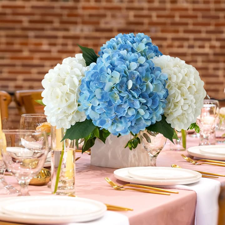 JINWOE White Hydrangea Artificial Flowers, 4Pcs 22" Large Lifelike Faux Silk Flowers, Full Fake Artificial Hydrangeas with Stems for Bouquet Table Centerpieces Home Outdoor - color: White