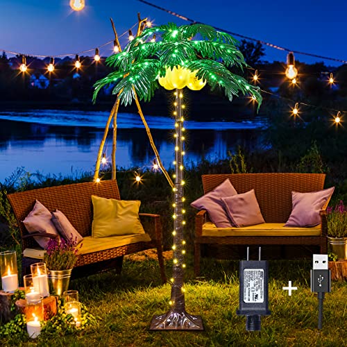 Lighted Palm Tree 5FT 208 LED Artificial Palm Tree Decor with Lighted Coconuts for Outdoor Light up Fake Tree with USB & Adapter for Indoor Outside Patio Christmas Hawaiian Tiki Bar Decoration - size: 5ft