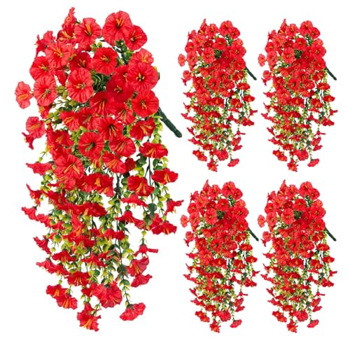 Hanging Morning Glory Artificial Flowers for Outdoors,Faux Plant,Decoration Plastic Flowers for Outside,Garden,Home Decor,Wedding Events,Patio,Porch,Yard(Red,2 Bunches/4Pcs) - color: Red, size: 2 Bunches/ 4Pcs