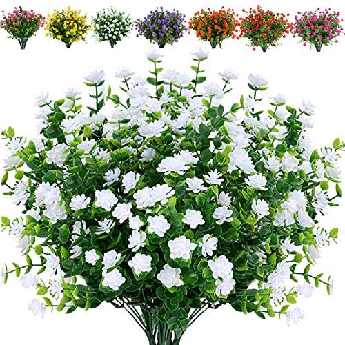 24 Bundles Artificial Flowers Fake Boxwood Shrubs UV Resistant No Fade Faux Greenery Faux Plastic Lotus for Home Garden Hanging Planter Indoor Porch Patio Office Wedding Decoration(White) - color: White