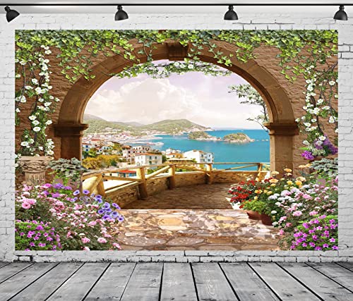 BELECO 10x8ft Fabric Mediterranean Garden Terrace Backdrop Romantic Arch Gate with Green Leaves Vine Blooming Flowers Italian Coast Background Birthday Wedding Party Shoot Studio Photo Props - size: 10x8FT