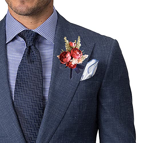 Corsage and Boutonniere Set, Handmade Artificial Peony Rose Wrist Corsage Wristlet and Groom Boutonniere for Men Wedding Prom Suit Decorations (Burgundy Red Navy Blue) - color: Burgundy Red Navy Blue
