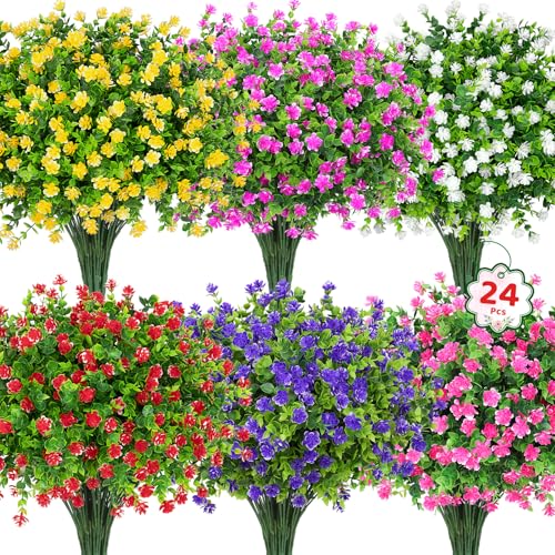 Roberly 24 Bundles Artificial Flowers for Outdoors, UV Resistant Eucalyptus Fake Flowers Shrubs Greenery Plastic Plants for Garden Porch Window Box Farmhouse Indoor Home Decor, Mixed - color: Multi Color