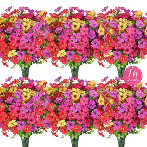 16 Bundles Artificial Flowers for Outdoors, Realistic Fake Silk Flowers for Outside, UV Resistant Faux Plants for Outdoor Planters - Spring Summer Porch Decor (4 Colors) - color: Mix 4 Colors, size: 16PCS