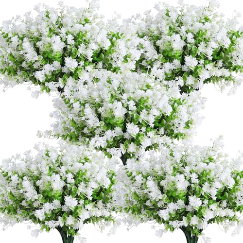 RECUTMS 10Pcs Artificial Flowers for Outside Artificial Faux Plants Flowers Outdoor Spring Decoration, Fake Eucalyptus Realistic UV Resistant for Planter Realistic Outside Porch Patio Garden(White) - color: White, size: 10 Pcs