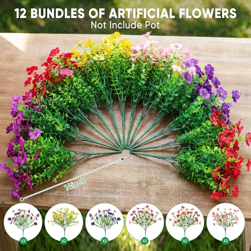 Artificial Flowers for Outdoors, Fake Faux Plants Outside Realistic Spring Summer Decor, UV Resistant Silk Flowers for Home Porch Garden (12, Mix 6color) - color: Mix 6color