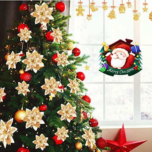 Geosar 36 Pcs Christmas Glitter Artificial Poinsettia Flowers Xmas Poinsettia Artificial Wedding Flowers Decorations Xmas Tree Ornaments with Clips for Party, 6 Inch, 4 Inch, 3 Inch(Gold) - color: Gold