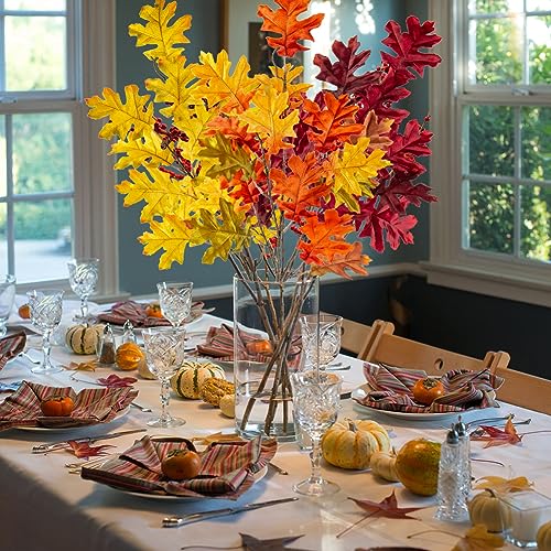 Briful 6PCS Artificial Fall Leaves Stems 32'' Fall Foliage Branches Autumn Oak Leaves Spray for Home Kitchen Farmhouse Thanksgiving Table Centerpiece Mantle Halloween Décor(Mixed Color)