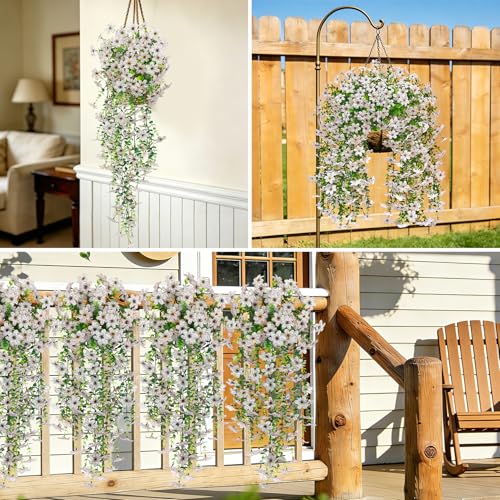 Roberly 4 Pcs Artificial Hanging Flowers for Outdoors, Realistic Faux Silk Flowers UV Resistant Fake Greenery Plants for Spring Summer Garden Porch Indoor Outdoor Home Decor, White - color: White