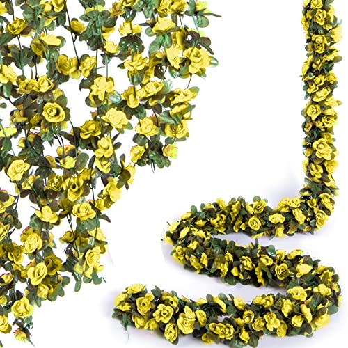 PONKING 8 Pcs x 8.2 ft Flower Garland Artificial Rose Vine Flowers with Green Leaves Hanging Fake Roses Vine for Room Party Home Wedding Birthday Christmas Wall Arch Decor, Spring Yellow Flower - color: Spring-yellow-8pcs, size: 8 Vines 66FT