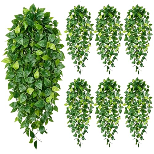 6Pcs Artificial Pothos Fake Hanging Plants Vines Faux Hanging Plants Fake Ivy Vines Pothos Leaves Artificial Greenery for Aesthetic Wall Kitchen Bedroom Shelf Living Patio Home Indoor Outdoor Decor - color: Green-6pcs