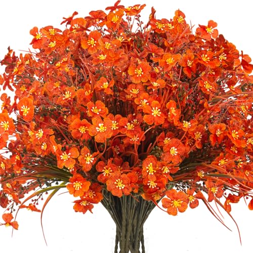 Grunyia 20 Bundles Artificial Fall Flowers Outdoor,No Fade Fake Plastic Flowers,Faux Autumn Plants for Indoor Outside Garden Porch Window Box Home Wedding (Fall Red) - color: Fall Red