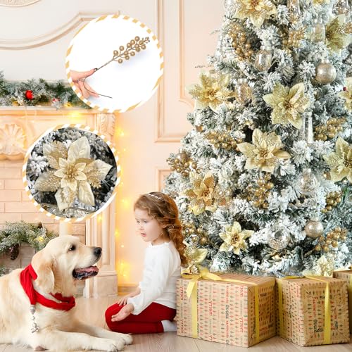 Alupssuc 24 Pieces Christmas Tree Decorations, 12 PCS Gold Poinsettia Flowers Artificial and 12 PCS Glitter Christmas Tree Picks for Christmas Decorations Party Wreath Fireplace Stairs, Gold - color: Gold
