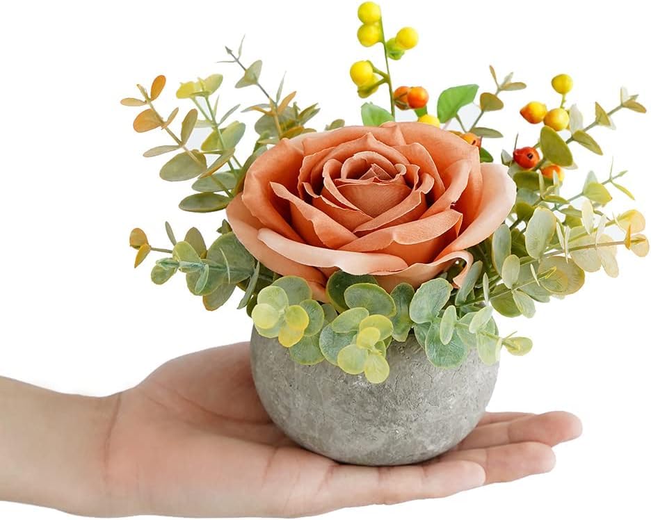 Small Artificial 2pcs Orange Rose Potted Plant, 6" Fake Silk Flowers in 3.5" Round Pot, Mini Faux Floral Arrangement for Desk Shelf Bathroom Decor - color: 2pcs Orange