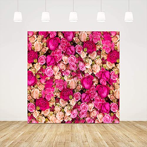 Ticuenicoa 8x8ft Pink Red Rose Flowers Photography Backdrop Valentine's Day Photo Background Baby Shower Wedding Birthday Decoration Bridal Shower Wedding Blossoms Roses Wall Art - size: 8x8ft