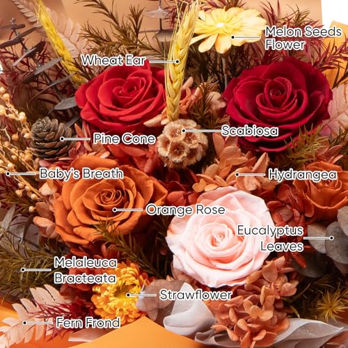 Bessol Flowers for Delivery Preserved Flower Bouquet Forever Fresh Flowers Birthday Gifts for Women Mom Anniversary Red Real Rose Gifts for Grandma Wife Girlfriend Sister Her from Daughter - color: Fall Preserved Flower Bouquet, size: Small