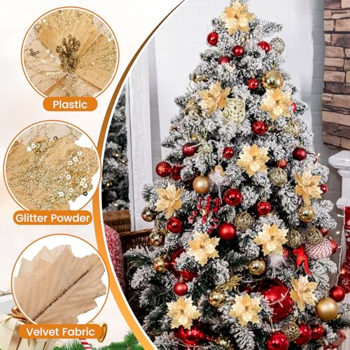 Deekin 12 Pcs 8.5 Inch Poinsettia Artificial Christmas Large Flower with Clips and 4.72 Inch Floral Picks Christmas Tree Decoration Fake Poinsettias Ornaments DIY Xmas Wreath Party Decor(Gold)
