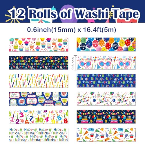 12 Rolls Happy Birthday Washi Tape, Colorful Cake Candles Masking Tapes, Balloons Birthday Hat Decorative Washi Tape for Birthday Party Gift Wrapping Scrapbooking DIY Art Crafts 16.4FT - color: U