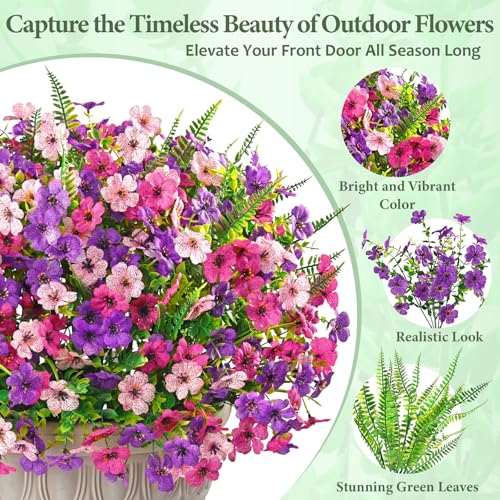 Yastouay 12 Bundles Artificial Flowers for Outdoors, UV Resistant Artificial Outdoor Flowers No Fade Fake Outdoor Flowers Plants for Garden Porch Window Box Pot Planters Decor (Mixing+Fern A) - color: Fuchsia+pink+rose Red+fern, size: 12 Bundles