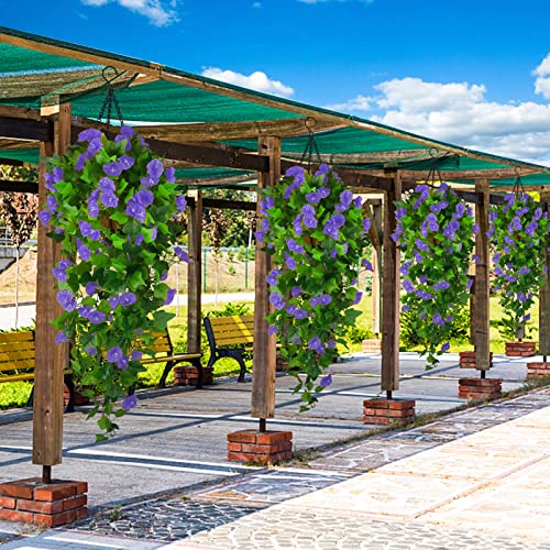 Artificial Fake Hanging Flowers Plants Basket for Spring Outdoor Outside Decoration, UV Resistant Faux Plastic Fabric Flower Morning Glory Wisteria Petunia for Garden Porch Patio Balcony Yard Decor - color: Blue