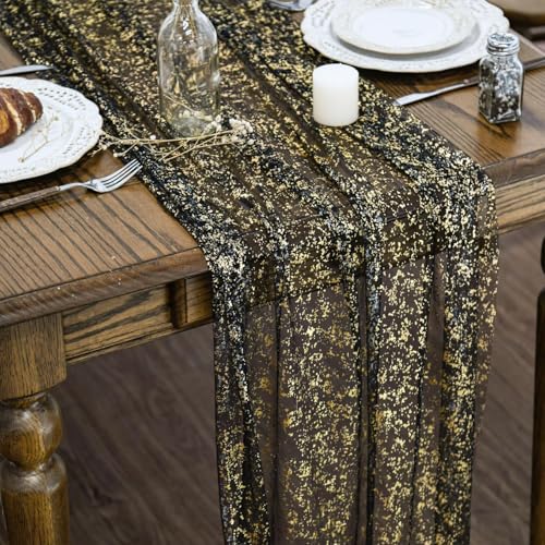 Artoid Mode Black Gold Gauze Table Runner 120 Inch 10FT, Glitter Metallic Foil Sheer Dining Wedding Anniversary Holiday Birthday Table Decor for Home Party - color: Black Gold, size: 28" x 120"