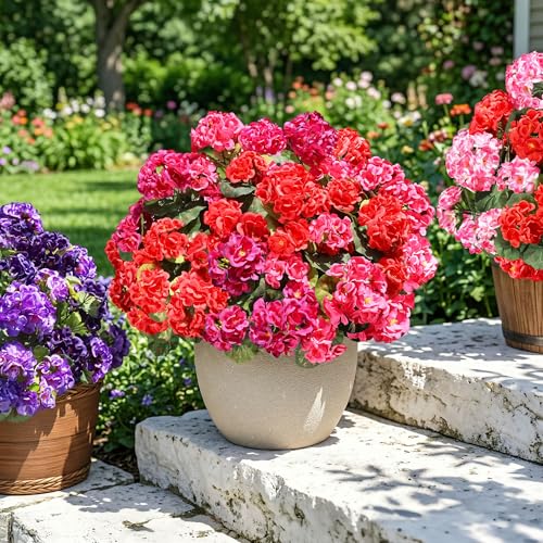Fake Geraniums Artificial Flowers for Outdoors, 6 Bundles Silk Geraniums Flowers Realistic UV Resistant Fake Plants Faux Flowers for Outside Planters Front Door Garden Balcony Yard Porch Indoor, Mix - color: 2 Red, 2 Hotpink, 2 Fuchsia