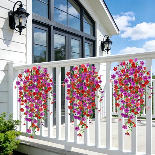 UV Resistant Artificial Hanging Flowers Outdoor Decor - 2 Pack Fake Hanging Plants with Silk Daisies for Spring Summer, No Fade Faux Flowers for Planter, Front Door, Porch, Patio, Garden, Yard - color: Light Purple Red