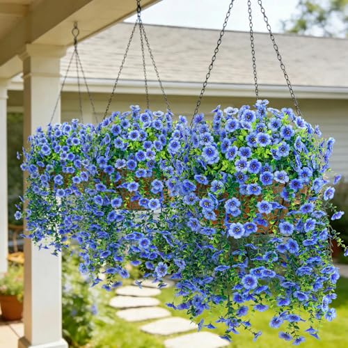4 Pcs Artificial Hanging Flowers for Outdoor, Fake Silk Daisy Flowers Spring Summer Decoration UV Resistant Faux Plants for Planter Front Door Porch Patio Balcony Yard Decor, Blue - color: Blue