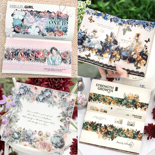 6Rolls Washi Tape Set Scrapbook Supplies,Flower Adhesive Tape Washi Stickers Flowers Plant Decorative Tape Scrapbook Tape Vintage Floral Wide Washi Tape Stickers Scrapbook Stickers Journaling Supplies