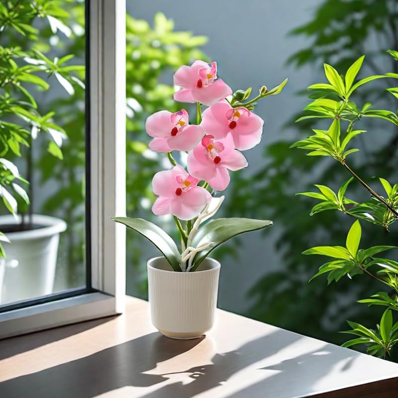 10.2" Orchids Artificial Flowers Fake Orchid Plant Potted Butterfly Orchid Silk Flowers Decor for Home Living Room Bathroom Wedding Office Decoration (Pink) - color: Pink