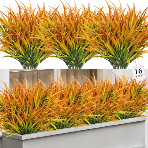 16 Pcs Artificial Plants Outdoor Fake Grass Faux Greenery Stems UV Resistant Plastic Plants Shrubs for Planters Patio Garden Front Porch Pathway Spring Summer Home Decor, Yellow - color: Yellow