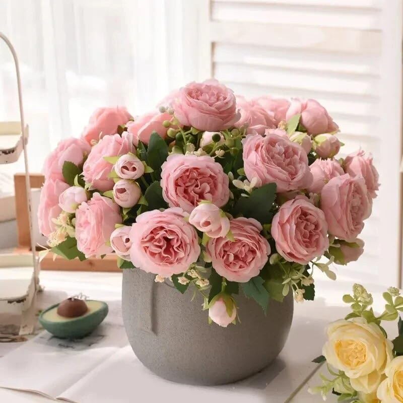 30cm Rose Pink Silk Bouquet Peony Artificial Flower 5 Big Head 4 Small Bud Bride Wedding Home Decoration Artificial Flower (Pink) - color: Pink