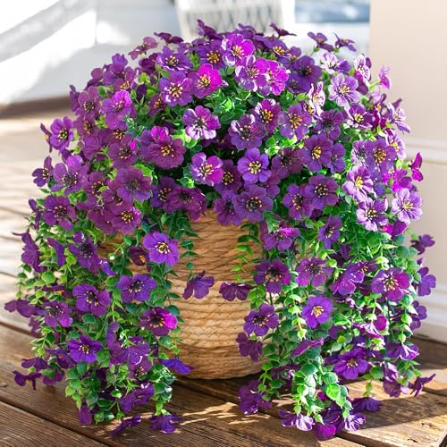 Artificial Faux Hanging Flowers Plants for Spring Outdoor Outside Decoration, 2 PCS Fake Silk Daisy with Eucalyptus UV Resistant Realistic Trailing Vines for Balcony Patio Porch (Dark Purple) - color: Dark Purple