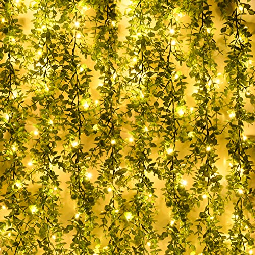 Dolicer 5 Packs Eucalyptus Garland with LED Lights String, 30Ft Faux Eucalyptus Greenery Garland, Artificial Hanging Green Eucalyptus Leaves Vine Wedding Backdrop Arch Wall Table Decor (Grey Green) - color: Grey Green With Light, size: 5 Packs