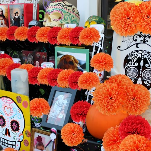 Rowfad 12 Pcs Artificial Chrysanthemums Fall Flowers Silk Orange Marigolds Flowers Fake Mums Flower for Autumn Dia de Los Muertos Diwali Day of The Dead Home Decor (12, Orange) - color: Orange