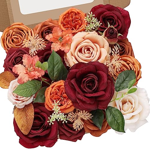 Serwalin Artificial Fall Flowers, Fake Silk Flowers Cake Flowers Roses Orange Flowers for DIY Wedding Decoration Arrangements Party Decorations Baby Shower Fall Home Decor - color: B Burgundy Orange, size: 1 Box