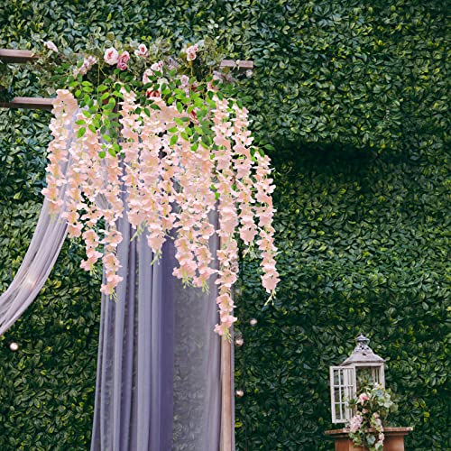 U'Artlines 24 Pack(Total 43.2 Feet) Artificial Fake Wisteria Vine Rattan Hanging Garland Silk Flowers String Home Party Wedding Decor (24, Light Pink) - color: Light Pink