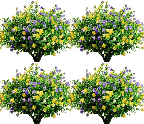 LADADA 12 Bundles Outdoor Plant Flowers, Silk UV Resistant, Outdoor Porch, Home Courtyard, Garden Decoration（Yellow Purple） - color: Yellow Purple