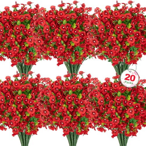 Roberly 20 Bundles Artificial Flowers for Outdoors, Fake Silk Flowers with Plastic Eucalyptus Greenery Stems Realistic Faux Plants for Spring Summer Porch Patio Yard Garden Vase Home Decor, Red - color: Red