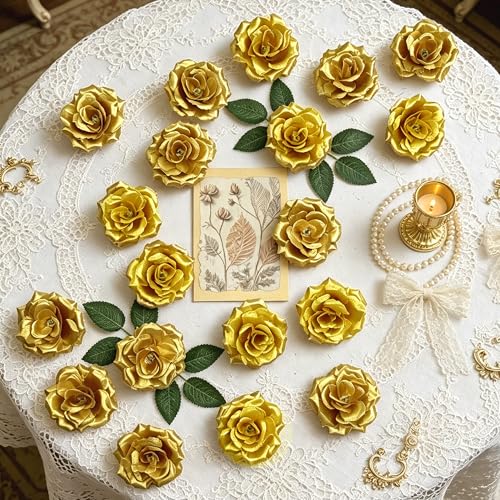 50 Pcs Rose Flower Head, Artificial Flowers Bulk for DIY Crafts, 3in Fake Rose Silk Flower Head wit Stem, Faux Flowers for Decoration, Wedding Home Party Decor Garland Decor (50, Gold) - color: Gold