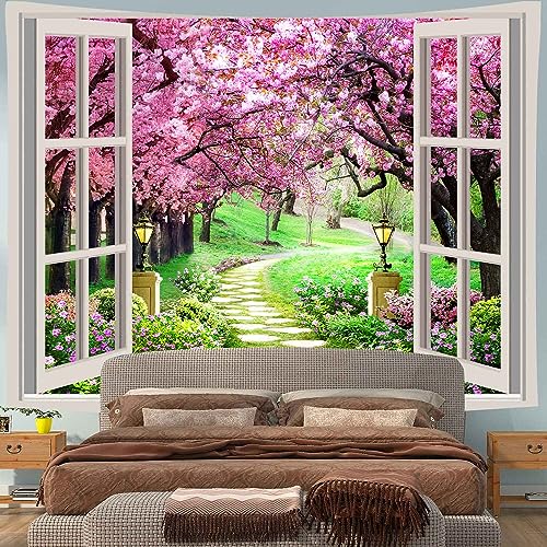 MEETSIOY Japanese Cherry Blossom Window Tapestry, 80x60 Inches, Pink Flowers, Botanical Floral Natural Landscape, Aesthetic Home Decor for Living Room, Bedroom, Nursery - color: Wiht window pattern, size: 80"L x 60"W