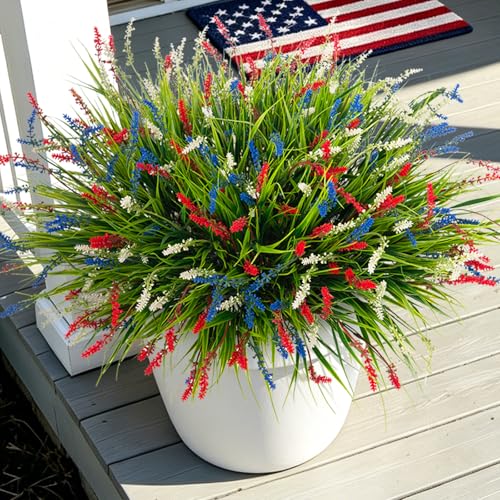 Ammyoo Artificial Faux Plants for Outdoor Spring Decoration, 12 Pcs Fake Monkey Grass for Garden Porch Balcony Planters, Fake Flowers Shrubs UV Resistant No Fade Plants Greenery Bush (Red Blue White) - color: Red Blue White, size: 12 Pcs