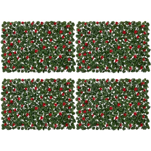 Expandable Fence Privacy Screen with Artificial Flower, Greenery Expandable Stretchable Covers Panel Privacy Fence for Balcony Patio Garden, Single Sided Leaves (Red Geranium, 4 Pack) - color: Red Geranium, size: 4 Pack