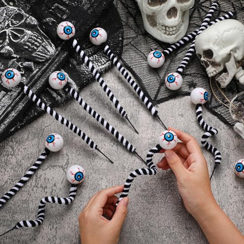 Wavwavw 12 Pcs Halloween Eyeball Picks Halloween Floral Picks 10 Inch Branch Green Decoration Stems Props Decor for Home Office Party Indoor Gifts(Black and White) - color: Black and White