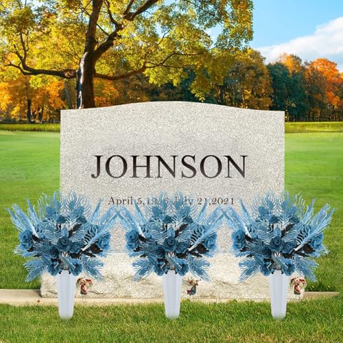 Cemetery Artificial Flowers with Vase Angel Mark - 2 Set Artificial Blue Rose Grave Memorial Flowers- Prayer & Trumpet Angel Pendant for Headstones Gravesite Decoration - color: Blue Ym