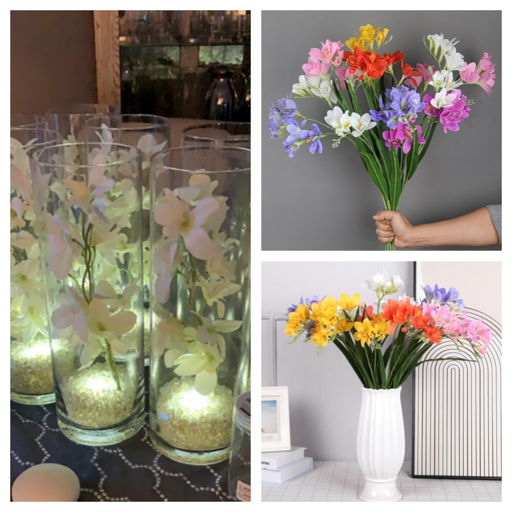 4pcs Freesias Flowers Artificial with Long Stem,24"Real Touch Dendrobium Plants Fake Orchid Leaves,Faux Larkspur Flowers for Outdoor Table Garden Party Wedding Bouquet Fillers,Patio Decor (White) - color: White